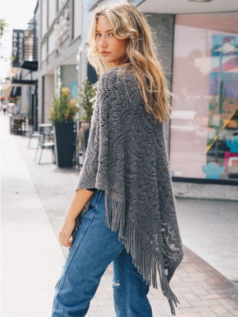441. Grey Gray fringe scallop knit poncho - Picture 3 of 3